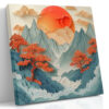 Layered papercraft mountain sunrise with pine trees in vermillion and teal, bold wall art canvas for living room