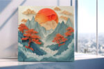 Layered papercraft mountain sunrise with pine trees in vermillion and teal, bold wall art canvas for living room