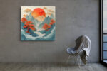Layered papercraft mountain sunrise with pine trees in vermillion and teal, bold wall art canvas for living room