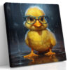 Bespectacled duckling standing in a rain puddle, vivid yellow and teal, whimsical digital art canvas print