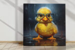 Bespectacled duckling standing in a rain puddle, vivid yellow and teal, whimsical digital art canvas print