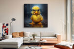 Bespectacled duckling standing in a rain puddle, vivid yellow and teal, whimsical digital art canvas print