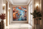 Aerial canyon waterway with vein-like rock patterns in burnt sienna and cerulean blue, digital art canvas for living room