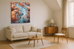 Aerial canyon waterway with vein-like rock patterns in burnt sienna and cerulean blue, digital art canvas for living room