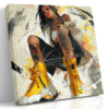 Tattooed woman with vivid yellow boots and headphones, bold digital art canvas for living room or home office