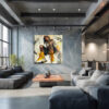 Tattooed woman with vivid yellow boots and headphones, bold digital art canvas for living room or home office