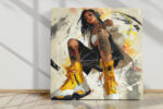 Tattooed woman with vivid yellow boots and headphones, bold digital art canvas for living room or home office