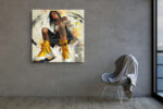Tattooed woman with vivid yellow boots and headphones, bold digital art canvas for living room or home office