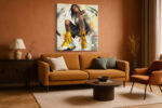 Tattooed woman with vivid yellow boots and headphones, bold digital art canvas for living room or home office