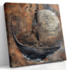 Sailing ship before a glowing orb etched with script, burnt sienna and copper mixed-media canvas wall art