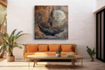Sailing ship before a glowing orb etched with script, burnt sienna and copper mixed-media canvas wall art