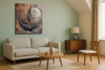 Sailing ship before a glowing orb etched with script, burnt sienna and copper mixed-media canvas wall art