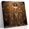 Female figure in golden ornate gown before celestial disc, fantasy digital art canvas for living room or home office