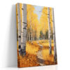 Birch tree trunks framing an autumn forest path in golden amber and burnt orange, acrylic landscape wall art canvas
