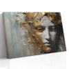 Sculptural face with gold leaf fragments and grey tones, dramatic mixed-media portrait canvas for living room