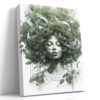 Woman's face merging with botanical foliage in sage and forest green, serene digital art portrait canvas for bedroom