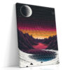 Retro synthwave mountain landscape with halftone moon, magenta-pink sky and scan-line horizon, portrait canvas wall art