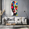 Female face split into black silhouette and vivid geometric color blocks, pop art portrait canvas for living room