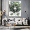 Woman's face merging with botanical foliage in sage and forest green, serene digital art portrait canvas for bedroom