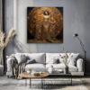 Female figure in golden ornate gown before celestial disc, fantasy digital art canvas for living room or home office