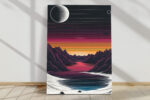Retro synthwave mountain landscape with halftone moon, magenta-pink sky and scan-line horizon, portrait canvas wall art