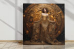 Female figure in golden ornate gown before celestial disc, fantasy digital art canvas for living room or home office