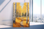 Birch tree trunks framing an autumn forest path in golden amber and burnt orange, acrylic landscape wall art canvas
