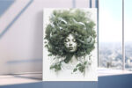 Woman's face merging with botanical foliage in sage and forest green, serene digital art portrait canvas for bedroom