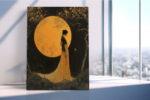 Woman in profile against a golden moon with bare trees, amber illustration wall art canvas for bedroom or living room