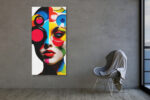 Female face split into black silhouette and vivid geometric color blocks, pop art portrait canvas for living room