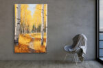 Birch tree trunks framing an autumn forest path in golden amber and burnt orange, acrylic landscape wall art canvas