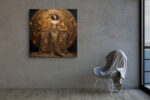Female figure in golden ornate gown before celestial disc, fantasy digital art canvas for living room or home office