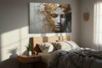 Sculptural face with gold leaf fragments and grey tones, dramatic mixed-media portrait canvas for living room