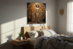 Female figure in golden ornate gown before celestial disc, fantasy digital art canvas for living room or home office