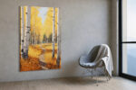 Birch tree trunks framing an autumn forest path in golden amber and burnt orange, acrylic landscape wall art canvas