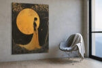 Woman in profile against a golden moon with bare trees, amber illustration wall art canvas for bedroom or living room