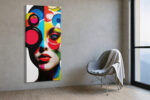 Female face split into black silhouette and vivid geometric color blocks, pop art portrait canvas for living room