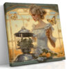 Woman with butterfly crown and roses in warm golden amber tones, art nouveau digital art canvas for bedroom