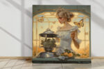 Woman with butterfly crown and roses in warm golden amber tones, art nouveau digital art canvas for bedroom