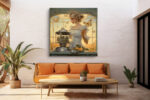 Woman with butterfly crown and roses in warm golden amber tones, art nouveau digital art canvas for bedroom