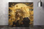 Female figure with flower crown and golden butterflies, romantic bohemian digital art canvas for bedroom or living room