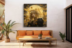 Female figure with flower crown and golden butterflies, romantic bohemian digital art canvas for bedroom or living room