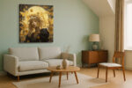 Female figure with flower crown and golden butterflies, romantic bohemian digital art canvas for bedroom or living room