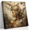 Woman's profile with botanical crown of doves, butterflies and vines in warm earthy tones, bohemian portrait canvas wall art