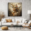Woman's profile with botanical crown of doves, butterflies and vines in warm earthy tones, bohemian portrait canvas wall art