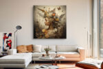 Woman's profile with botanical crown of doves, butterflies and vines in warm earthy tones, bohemian portrait canvas wall art