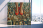 Giant red high-heel shoes over a tilt-shift miniature cityscape, bold surreal digital art canvas for living room
