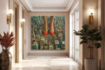 Giant red high-heel shoes over a tilt-shift miniature cityscape, bold surreal digital art canvas for living room