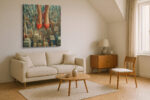 Giant red high-heel shoes over a tilt-shift miniature cityscape, bold surreal digital art canvas for living room