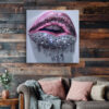 Metallic pink and crystal rhinestone lips digital art, bold glamour wall art canvas for bedroom or dressing room